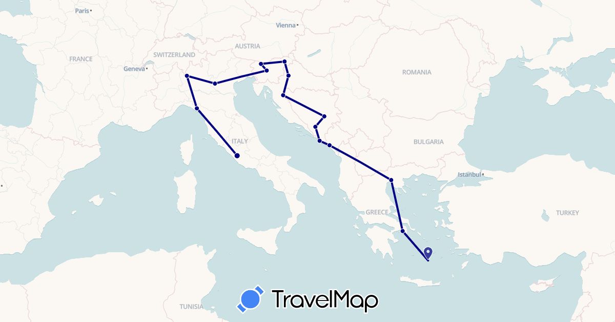 TravelMap itinerary: driving in Bosnia and Herzegovina, Greece, Croatia, Italy, Montenegro, Slovenia (Europe)